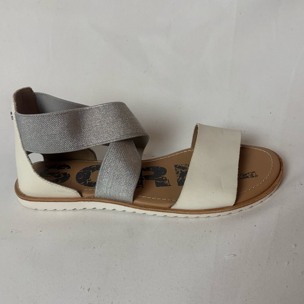 Sorel Ella Sandals Women's 7 White Leather Silver Cross Ankle Strap Strappy Flat